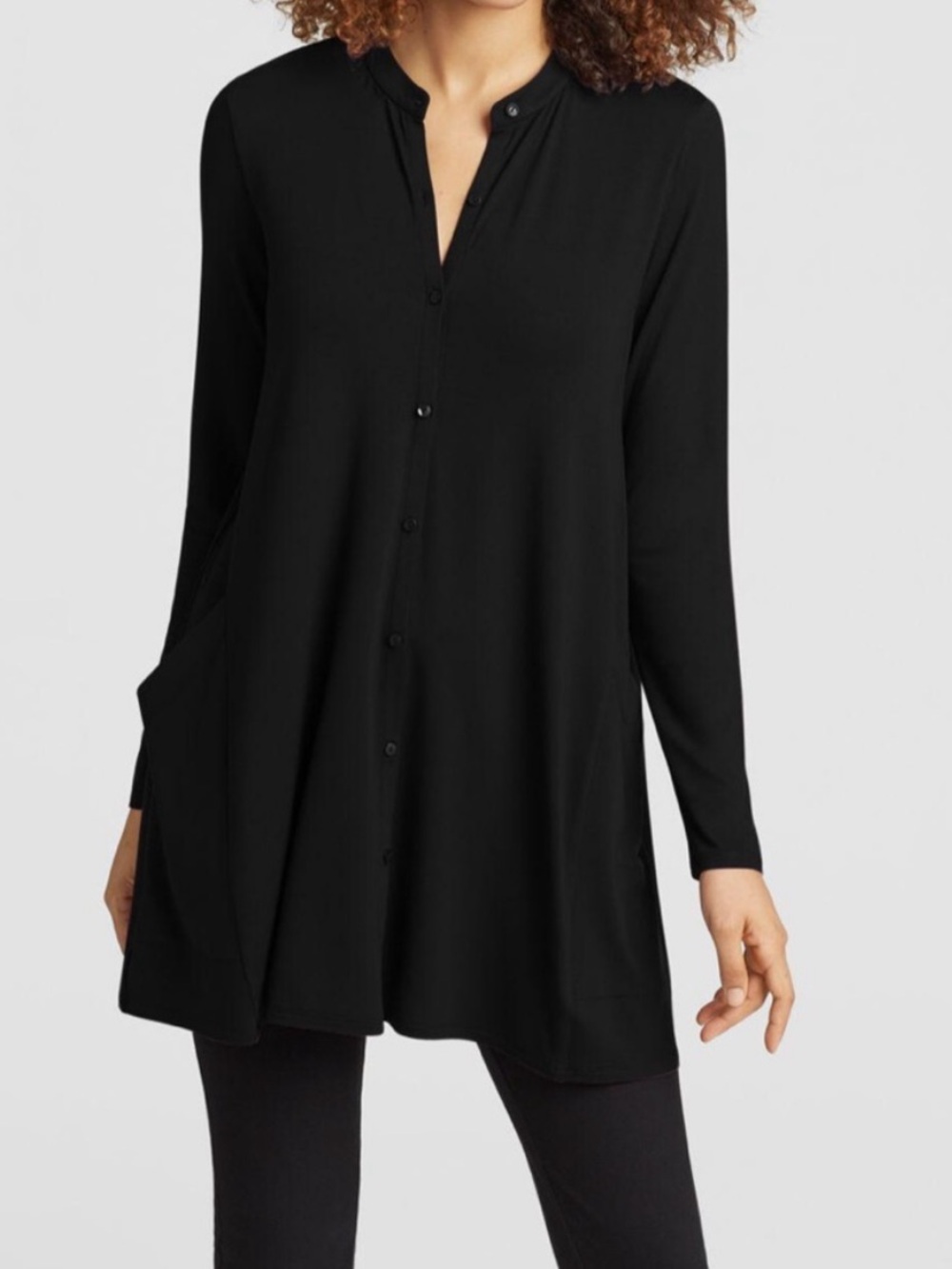Eileen Fisher Mandarin Collar Soft Jersey Black Pocket Tunic Top Dress Sz S 🧡🎀